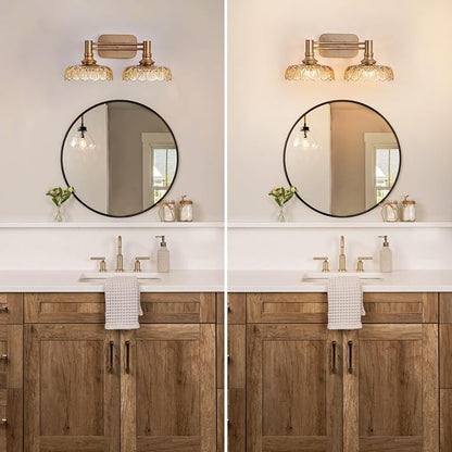 Vintage Bathroom Vanity Light Fixtures, 2-Light Brass Vanity Wall Light Over Mirror with Amber Glass Shade for Hallway Bedroom Living Room