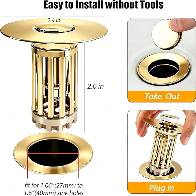 Anlige 3 in 1 Pop Up Bathroom Sink Stopper, Bathroom Sink Drain Strainer with Removable Basket Hair Catcher, Universal Sink Plug Cover for 1.06 in to 1.6 in Drain, Brushed Gold