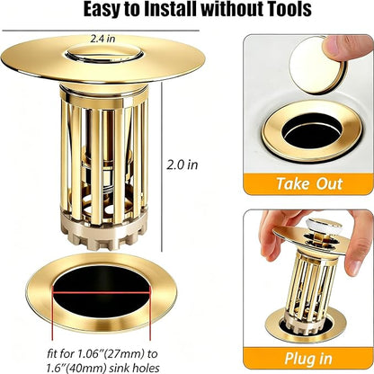 Anlige 3 in 1 Pop Up Bathroom Sink Stopper, Bathroom Sink Drain Strainer with Removable Basket Hair Catcher, Universal Sink Plug Cover for 1.06 in to 1.6 in Drain, Brushed Gold