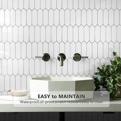Vamos Tile 1 Sheet Glossy White Backsplash Tile Peel and Stick, 12.8 x 12.8 Inch Long Hexagon PVC Self Adhesive Mosaic Wall Tiles with Dark Gray Grout Stick on Backsplash for Kitchen and Bathroom