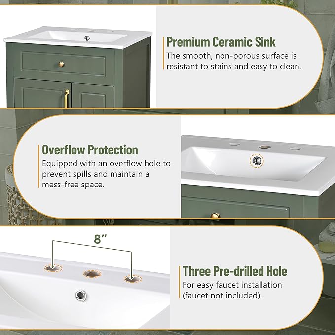 Favfurish 24" Bathroom Vanity with Ceramic Sink,Free Standing Single Basin Vanity w/Soft Close Door and Soft Closing Drawers,Wooden Bath Cabinet with Double Storage Racks on The Door,Green