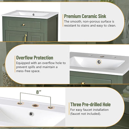 Favfurish 24" Bathroom Vanity with Ceramic Sink,Free Standing Single Basin Vanity w/Soft Close Door and Soft Closing Drawers,Wooden Bath Cabinet with Double Storage Racks on The Door,Green