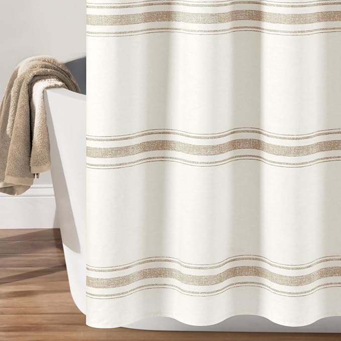 Lush Decor Farmhouse Stripe Cotton Shower Curtain, 72" W x 72" L, Neutral - Striped Bathroom Curtain - Fabric Shower Curtains - Farmhouse Bathroom Decor