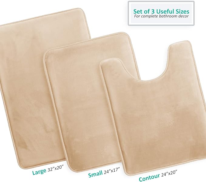 Clara Clark 3 Piece Bathroom Rugs Bath Mat Set, Velvet Memory Foam Bath Mats for Bathroom - Non-Slip, PVC Backing Bath Rugs, Washable - Dries Quickly, Beige