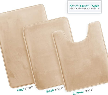 Clara Clark 3 Piece Bathroom Rugs Bath Mat Set, Velvet Memory Foam Bath Mats for Bathroom - Non-Slip, PVC Backing Bath Rugs, Washable - Dries Quickly, Beige