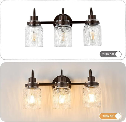 3 Lights Bathroom Vanity Light, Oil Rubbed Bronze Bathroom Light Fixtures with Hammered Glass Lampshade for Dressing Table,Over Mirror,Hallway