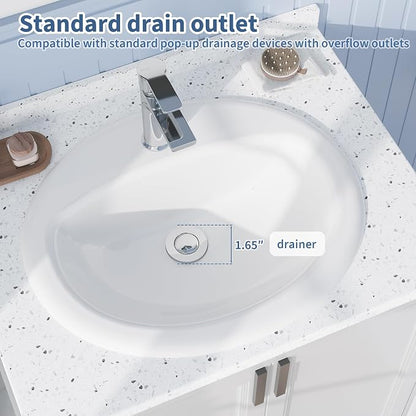Vessel Sink 20.24x17.01 Inch, Ceramic Semi-Recessed Bathroom Sink, Round White Vessel Sink with Single Faucet Hole, Above Counter Vanity Basin