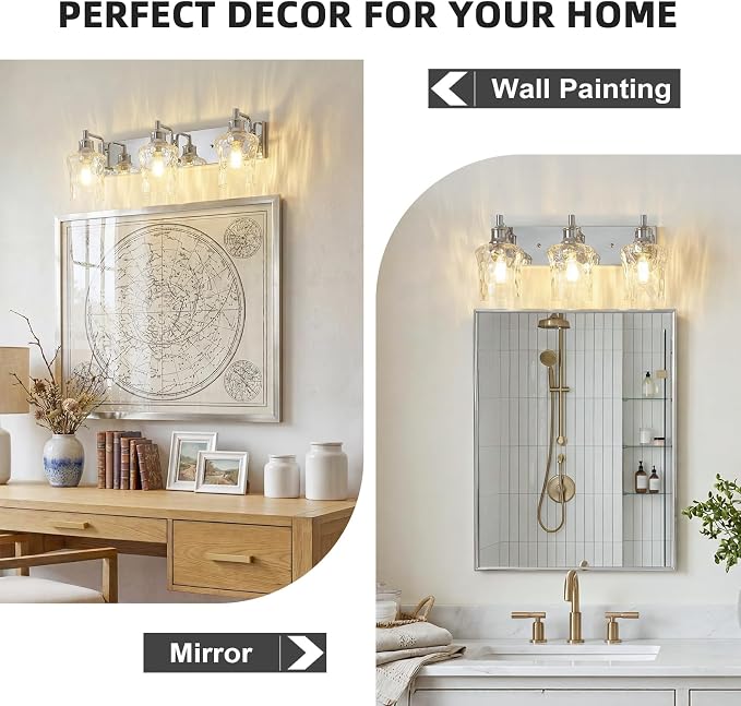 Farmhouse Chrome Vanity Light, 3 Light | Bathroom Lighting Fixtures, Over Mirror, Hammered Glass Lampshade, For Cabinet Mirror Bedroom Hallway
