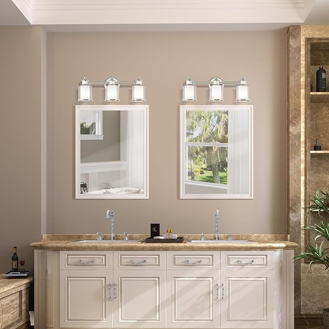 Livex Lighting 40213-35 Middlebush Collection 3-Light Bathroom Vanity Light with Double Shaded Hand Crafted Glass Shades, Polished Nickel, 23.5 x 6.5 x 9