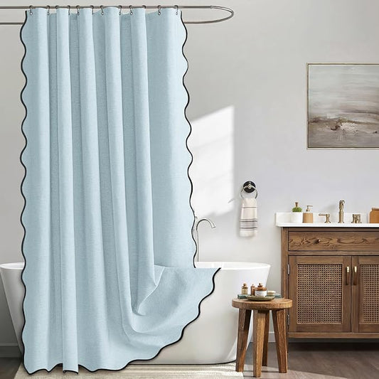 MIULEE Fog Blue Scalloped Linen Shower Curtain 72x72 Inches | Linen Textured, Waterproof, Washable, 12 Metal Hooks, Heavy Duty Cloth, Black Border, Shower Curtain for Bathroom Bathtub