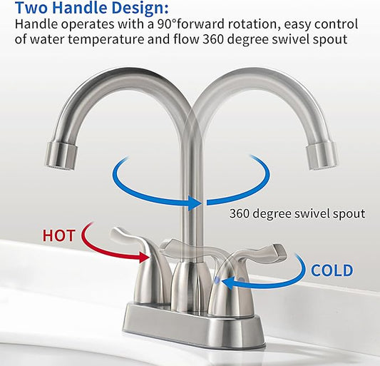 2 Handle Brushed Nickel Bathroom Sink Faucet - 4 Inch Centerset Faucet Bathroom 2 or 3 Hole Lavatory Faucet Bathroom Vanity Sink Faucets with Pop-up Drain and Supply Lines