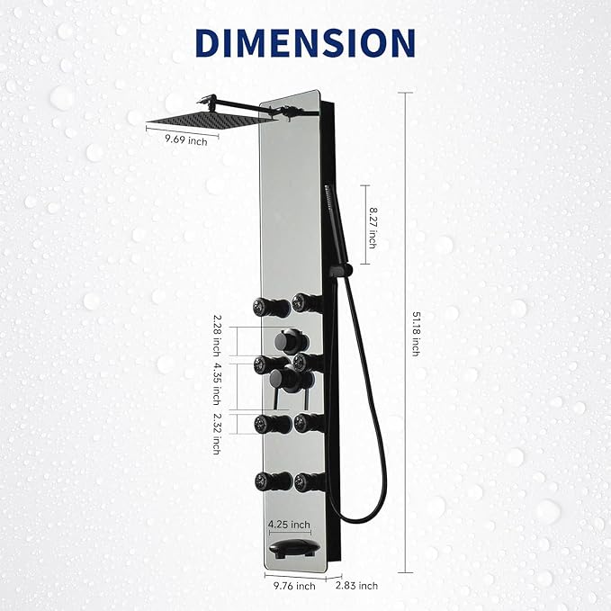 BWE Stainless Steel Shower Panel Tower System Black Split Type | Multi-Function Tempered Glass Shower Panel Rainfall Shower Head Sprayer 8-Massage Jets with Tub Spout Hand Shower