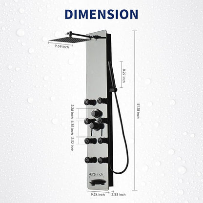 BWE Stainless Steel Shower Panel Tower System Black Split Type | Multi-Function Tempered Glass Shower Panel Rainfall Shower Head Sprayer 8-Massage Jets with Tub Spout Hand Shower