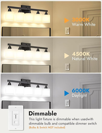VOLISUN Matte Black Bathroom Light Fixtures, 5-Light Bathroom Vanity Lights Over Mirror, Modern Vanity Light for Bathrooms, Bathrooms Lights Fixtures Over Mirror with Milky White Frosted Glass Shades