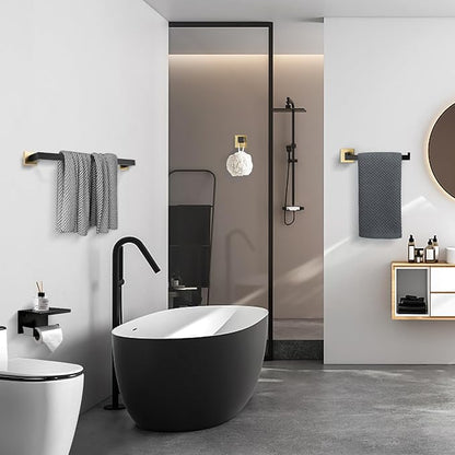 TURS 4-Piece Bathroom Hardware Set Brushed Gold and Black Towel Bar Set Include Towel Bar Hand Towel Holder Toilet Paper Holder with Shelf Robe Hook Stainless Steel Bathroom Accessories Sets