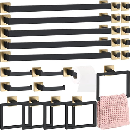 Gisafai 25 Pcs Black Gold Bathroom Hardware Accessories Set 23.6 Inch Bath Towel Bar Kit Stainless Steel Bathroom Hardware Set Towel Racks Ring Robe Hooks Paper Holder for Wall Mounted
