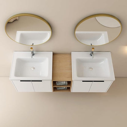 SSLine 60-Inch Double Sink Vanity Modern Wall Mounted Bathroom Vanity with Double Ceramic Sink 60" Large Floating Bathroom Vanities Set with Middle Storage Shelf & 2 Cabinet (White)