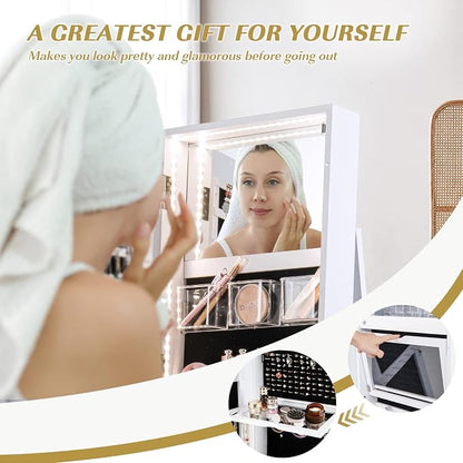 MAT EXPERT 360° Rotating Jewelry Armoire, Lockable Freestanding Jewelry Organizer w/Full-length Mirror, 3-Color LED Lights, Rear Storage Shelves, Mirror Jewelry Cabinet for Bedroom (White)