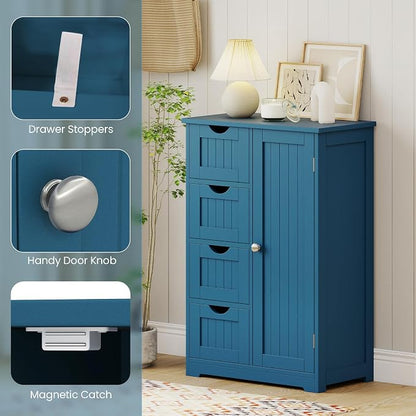 Giantex Bathroom Cabinet, Freestanding Storage Cabinet with 1 Door & 4 Drawers, 3-Level Adjustable Shelf, Anti-toppling System, Modern Storage Organizer for Bathroom, Living Room, Kitchen (Blue)