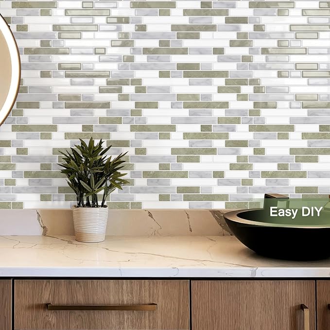 10 Sheets Thick Peel and Stick Kitchen Backsplash Tiles | 3D Waterproof Self Adhesive Wall Tile Stick on Backsplash for Kitchen,Bathroom and Fireplace(Beige&White,12"×12")
