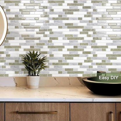 10 Sheets Thick Peel and Stick Kitchen Backsplash Tiles | 3D Waterproof Self Adhesive Wall Tile Stick on Backsplash for Kitchen,Bathroom and Fireplace(Beige&White,12"×12")