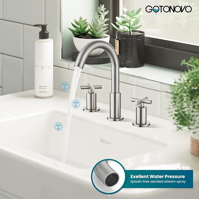 gotonovo 3 Hole Bathroom Faucet 8 inch Widespread Sink Vanity Faucet for Bathroom Sink 2 Cross Handle Deck Mount Basin with Pop Up Drain 360° Swivel Spout Brushed Nickel