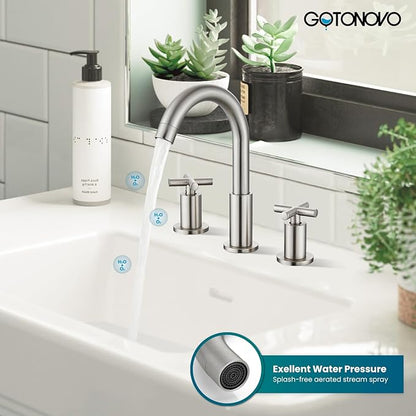 gotonovo 3 Hole Bathroom Faucet 8 inch Widespread Sink Vanity Faucet for Bathroom Sink 2 Cross Handle Deck Mount Basin with Pop Up Drain 360° Swivel Spout Brushed Nickel