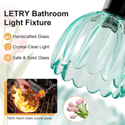 Bathroom Light Fixtures, 5-Light Brushed Black Vanity Lights for Bathroom with Blue Tulip Glass Shade, 30" Vintage Bathroom Vanity Lighting Fixtures Over Mirror for Bedroom Living Room Hallway