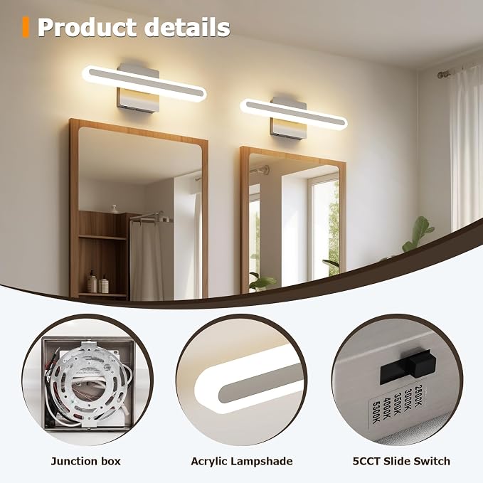 Modern Brushed Nickel Vanity Light for Bathroom 5CCT Dimmable LED Light Bar | 15.7 Inch 16W Hardwired Mirror Light, Adjustable Brightness, Modern Bathroom Lighting