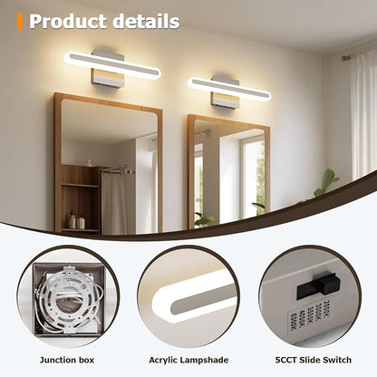 Modern Brushed Nickel Vanity Light for Bathroom 5CCT Dimmable LED Light Bar | 15.7 Inch 16W Hardwired Mirror Light, Adjustable Brightness, Modern Bathroom Lighting