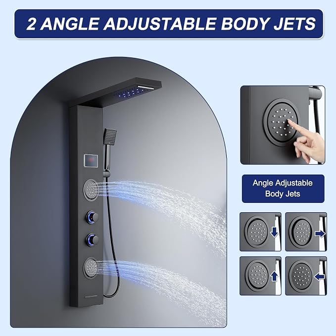 ROVATE 5-in-1 LED Rainfall Waterfall Shower Panel Tower System Matte Black | No Battery Needed Digital Temperature Display, Powerful Body Massage Jets, Flexible Handheld and Tub Spout, Blue LED Knob