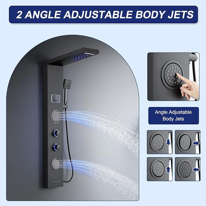 ROVATE 5-in-1 LED Rainfall Waterfall Shower Panel Tower System Matte Black | No Battery Needed Digital Temperature Display, Powerful Body Massage Jets, Flexible Handheld and Tub Spout, Blue LED Knob