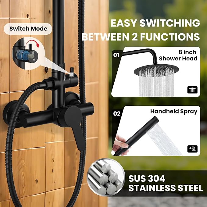 gotonovo Outdoor Shower Kit 304 Stainless Steel, Matte Black, 8 Inch | Rain Outdoor Shower Head and Handle Set Fixture System Faucet, Exposed Wall Mounted, for Outside Yard Pool Seaside/Indoor