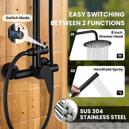gotonovo Outdoor Shower Kit 304 Stainless Steel, Matte Black, 8 Inch | Rain Outdoor Shower Head and Handle Set Fixture System Faucet, Exposed Wall Mounted, for Outside Yard Pool Seaside/Indoor