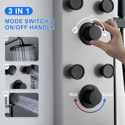 POPFLY Shower Panel Tower System with 8-inch Rainfall Shower and Shelf | Adjustable Shower Arm Height Rainfall Head, 6 Body Jets and 5-Setting Handheld Shower, Brushed Nickel, Stainless Steel