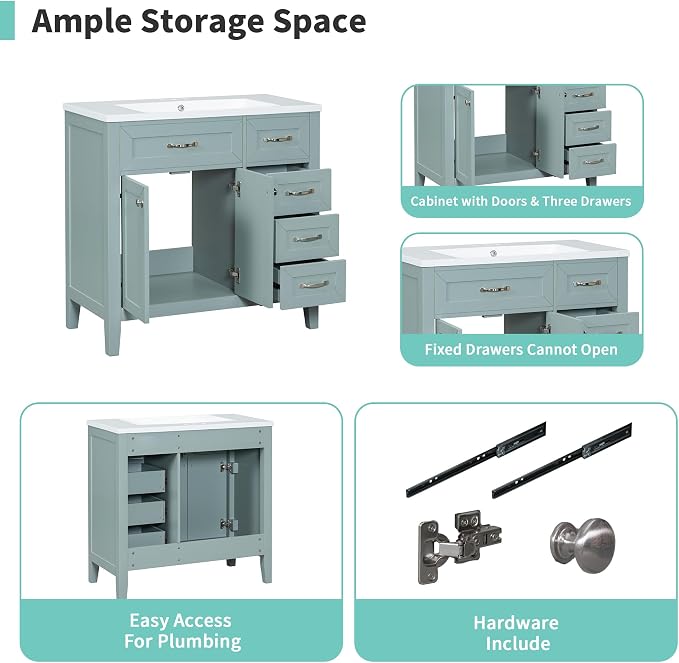 36 Inch Bathroom Vanities with Undermount Ceramic Sink, Storage Cabinet with Soft Closing Doors and Three Drawers, Solid Wood Frame, Green