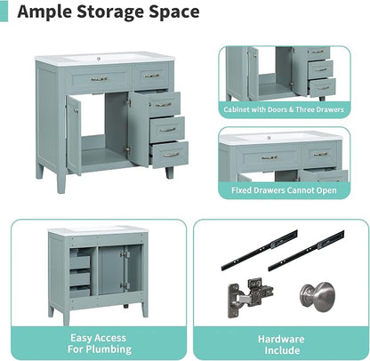 36 Inch Bathroom Vanities with Undermount Ceramic Sink, Storage Cabinet with Soft Closing Doors and Three Drawers, Solid Wood Frame, Green