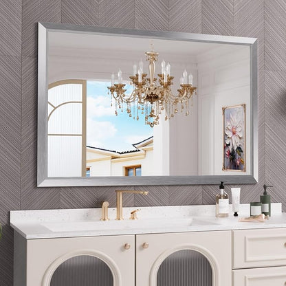 Bathroom Mirror for Wall, 60x40 Inch (Brushed Silver) | HD Reflection, Tempered Glass, Thick Metal Framed Rectangle Mirrors for Over Sink, Bedroom, Living Room, Entryway, Anti-Rust