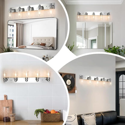 5 Lights Bathroom Light Fixtures Chrome Vanity Light with Clear Glass Shade 36in Modern Bathroom Lighting Fixtures Over Mirror for Bedroom/Living Room