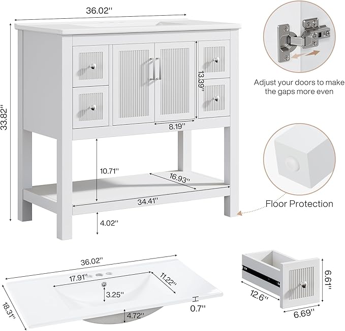Tribesigns 36" Modern Bathroom Vanity with Sink, Freestanding Bathroom Vanities Cabinet Combo, Bathroom Sink Cabinet with 2 Doors and 1 Drawer, Solid Wooden Frame, White