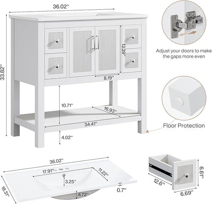 Tribesigns 36" Modern Bathroom Vanity with Sink, Freestanding Bathroom Vanities Cabinet Combo, Bathroom Sink Cabinet with 2 Doors and 1 Drawer, Solid Wooden Frame, White