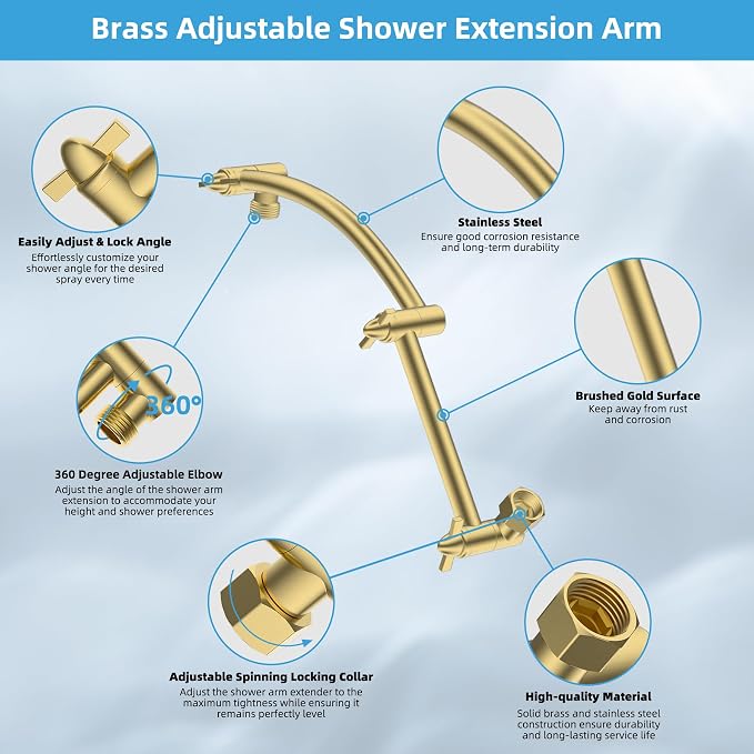 Hibbent All Metal 10'' Rain Shower Head, 16'' Extension Arm, Brushed Gold | cUPC Certified High Pressure Rainfall Showerhead with Solid Brass Adjustable Shower Head Extension Arm, Fixed Showerheads