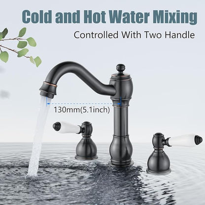 Widespread Bathroom Sink Faucet 3 Hole White Lever Oil Rubbed Bronze | Vintage 8 Inch Brass Sink Faucet,2 Ceramic Handle,Pop Up Drain,cUPC Hose,for 6-16″Centerset Basin,Farmhouse,RV,Vanity