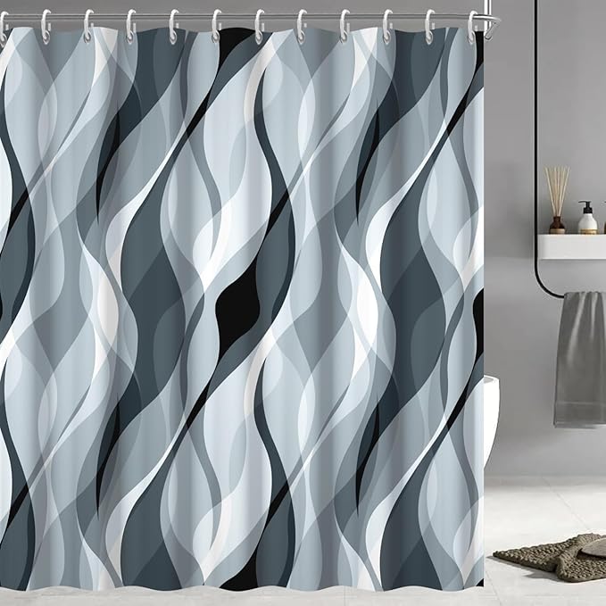 Blue Shower Curtain, Modern Abstract Blue and Grey Striped Shower Curtain Set for Bathroom Waterproof Polyester Shower Curtain with Hooks, 72x84 Inch