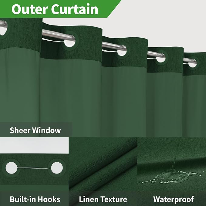 eachope No Hook Fabric Shower Curtain with Snap-in Liner,71x74Emerald Green | Linen Texture,230GSM Thick Fabric,Hotel Luxury Decor,Mesh Window,Bottom magnetic ,Waterproof & Machine Washable,for Bathroom