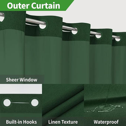 eachope No Hook Fabric Shower Curtain with Snap-in Liner,71x74Emerald Green | Linen Texture,230GSM Thick Fabric,Hotel Luxury Decor,Mesh Window,Bottom magnetic ,Waterproof & Machine Washable,for Bathroom