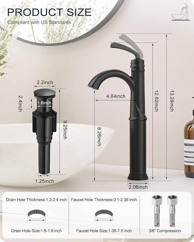 Tall Bathroom Faucet Single Hole, Brass Vessel Sink Faucet Black with 1 Handle, Arched Aerator Spout, Pop Up Drain & Pre-Installed cUPC Water Hoses for Modern Style Bowl Sink, 5 Mins Install