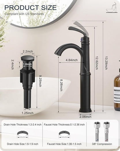 Tall Bathroom Faucet Single Hole, Brass Vessel Sink Faucet Black with 1 Handle, Arched Aerator Spout, Pop Up Drain & Pre-Installed cUPC Water Hoses for Modern Style Bowl Sink, 5 Mins Install