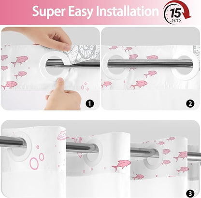 No Hook Shower Curtain and Liner Set, Pink Beach Coastal 71x84 | Nautical Ocean for Bathroom, with Snap in Liner Replacement, Mesh Top Window, Waterproof, Machine Washable, Quick-Drying