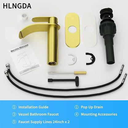 Vessel Sink Faucet,1 Hole Single Handle Tall Bathroom Vanity Faucets,Faucet for Bathroom Sink Modern Utility with Metal Pop Up Drain,Rv Lavatory Faucet Basin Mix Tap Solid Brass,Brushed Gold